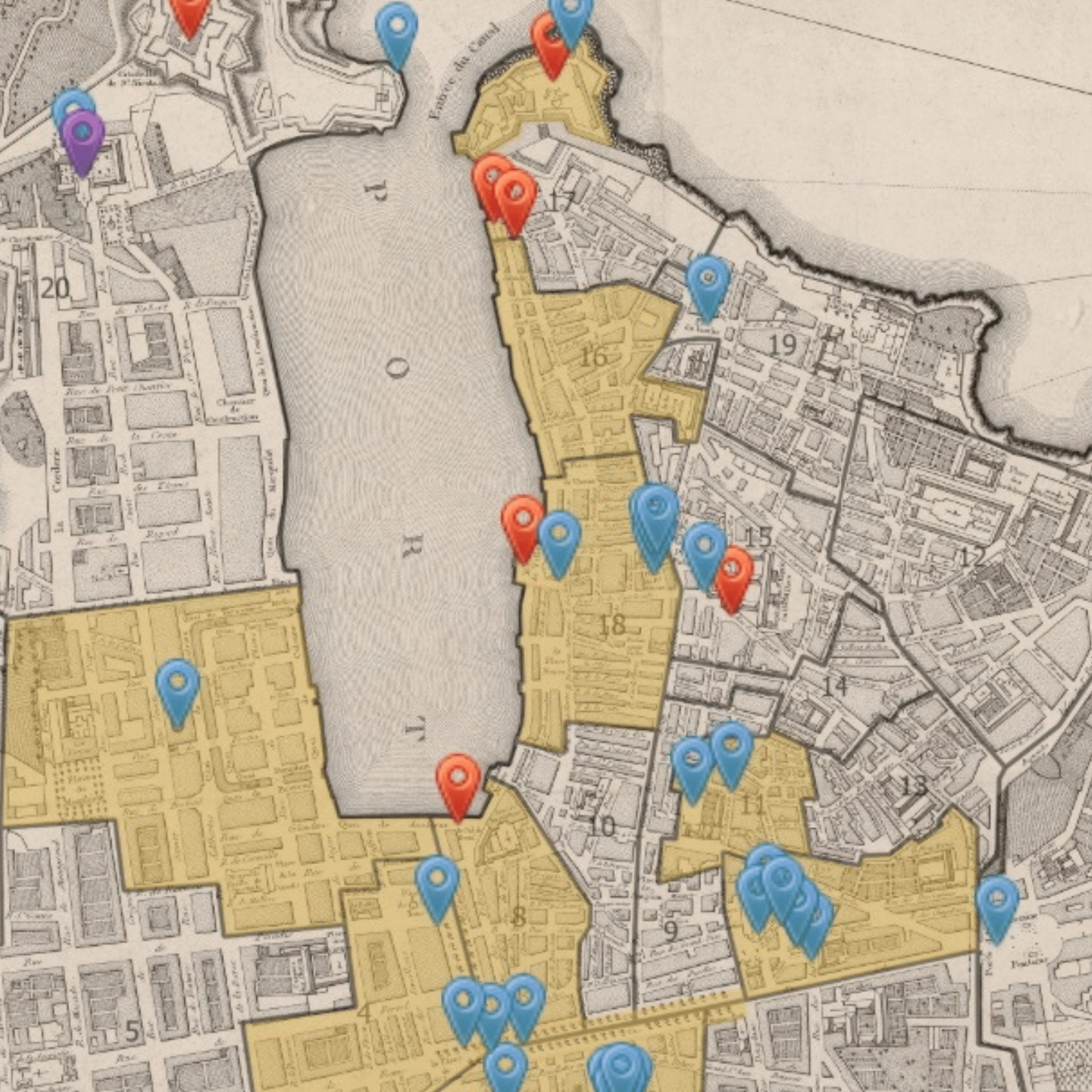Extrait de la carte historique de Marseille disponible sur le site web du projet de Laura Talamante. L'extrait est focalisé sur le Vieux Port de Marseille et ses environs.