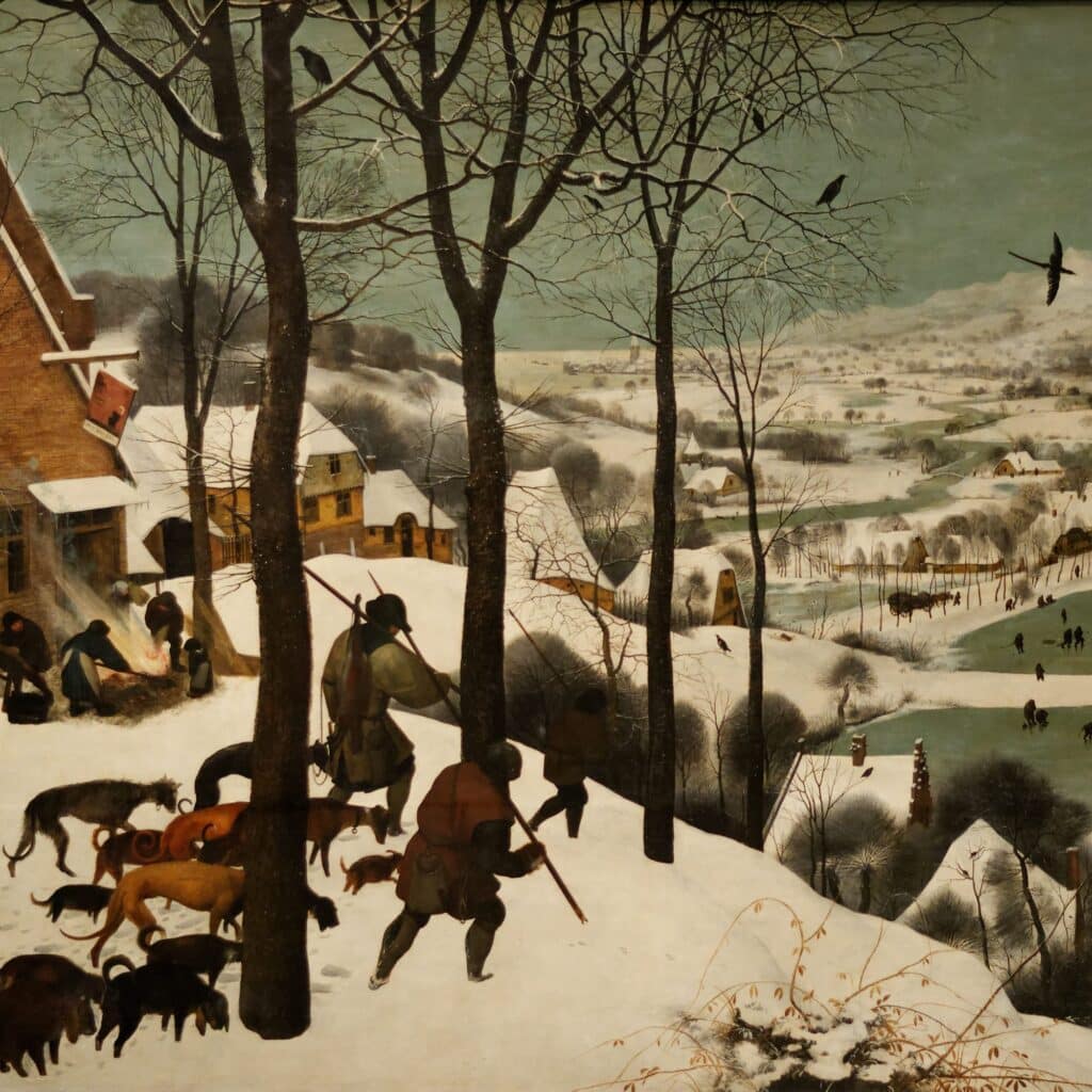 Extrait du tableau de Pieter Bruegel l'Ancien, Chasseurs dans la neige (Musée de Beaux Arts de Vienne, 1565.