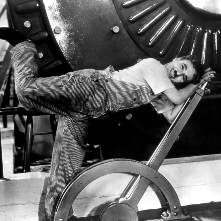 Image extraite du film "Les temps modernes" avec Charlie Chaplin. Cette image illustre l'intervention d'Alihan Gök, résident 2024-2025 à l'Iméra : "Plus qu'une tâche: le travail comme activité humaine"