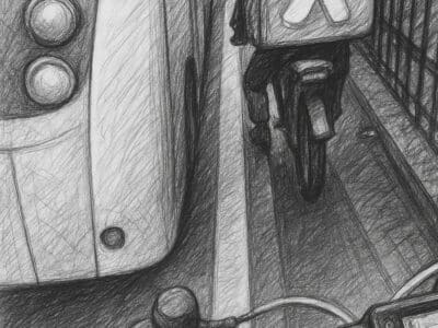 Dessin au fusain en noir et blanc illustrant la problématique du travail des livreurs : pratiques, méthodes et perspectives à Barcelone, Marseille, Istanbul et Mexico, posée lors de l'événement éponyme organisé par Alihan Gök, chaire LEST/Iméra, en juin 2025.