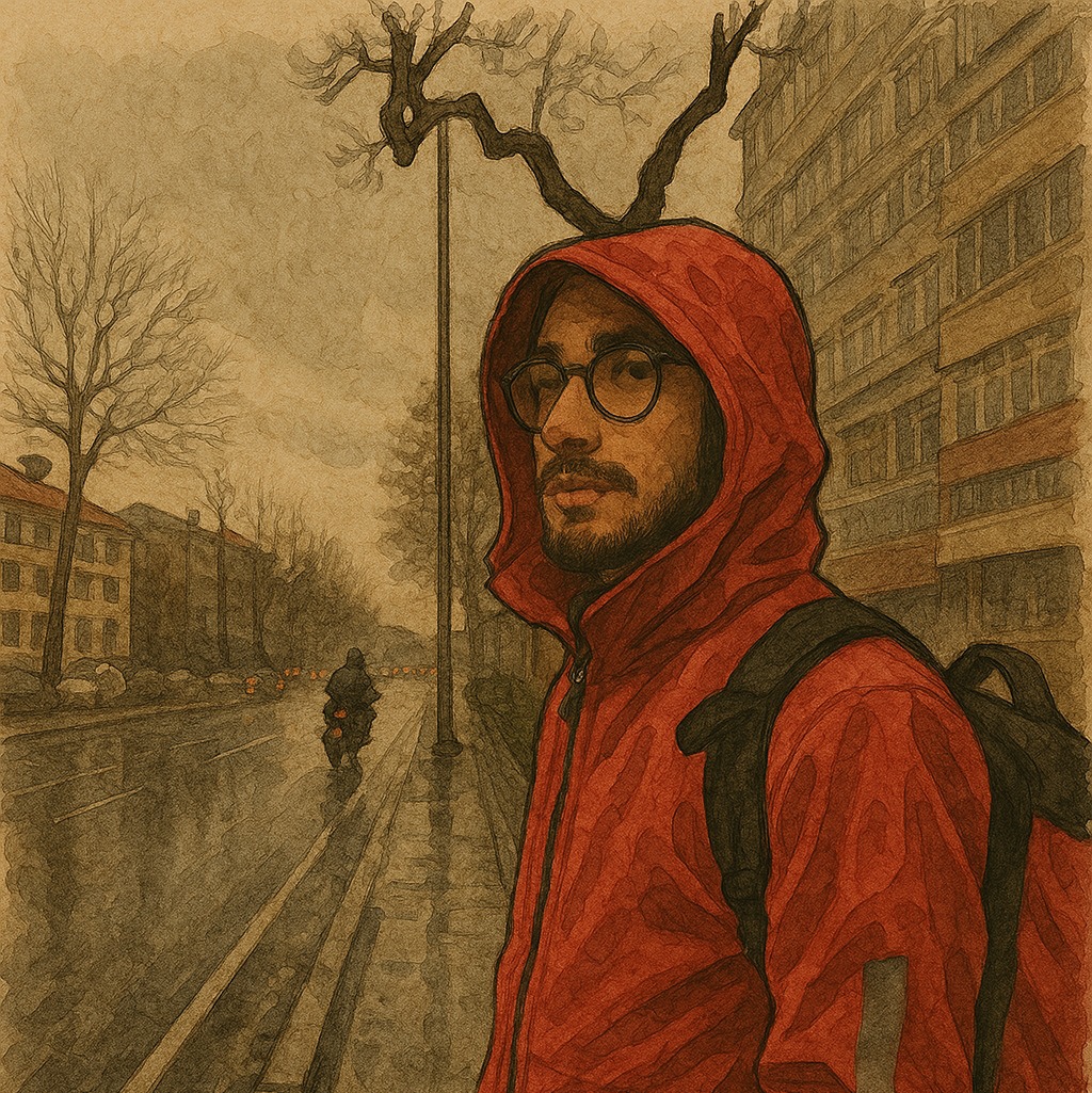 un livreur a pied regardant au loin