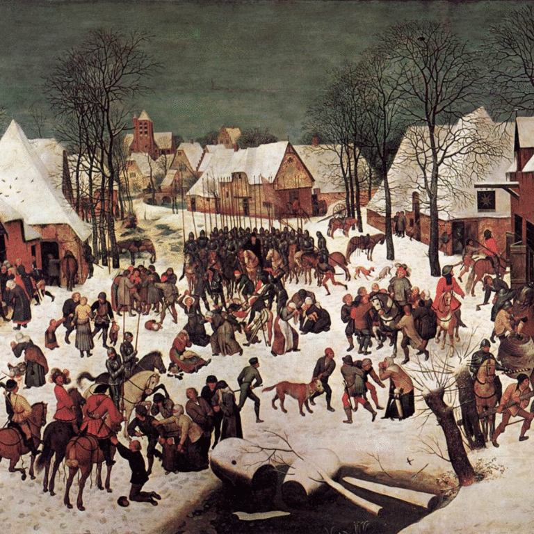 Extrait du tableau "Le Massacre des Innocents" de Pieter Bruegel l'Ancien (1565), utilisé pour illustrer le séminaire Changements climatiques et conflits religieux de l'Iméra.